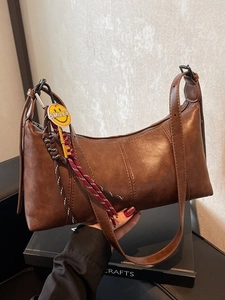 Women Vintage PU Leather Underarm Shoulder Bag With Smiley Charm Retro Maillard Style Commuter Crossbody Handbag For Daily Use