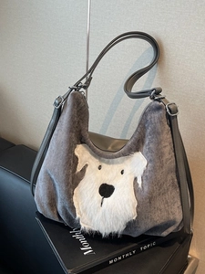 Gray corduroy tote bag featuring a cute white faux fur dog patch and long shoulder straps