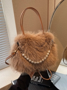 Borsa a Secchiello da Donna in Pelliccia Sintetica Con Catena di Künstliche Perle Moda Borsa a Tracolla in Peluche Morbida Casual