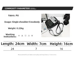 Size chart and PU leather crossbody bag dimensions with care icons and item specs