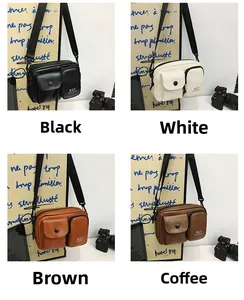 Crossbody phone bag displayed in black, white, brown, and coffee color options