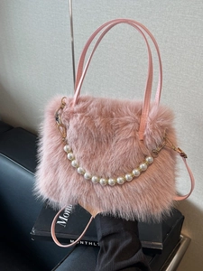 Borsa a secchiello in peluche rosa con catena di perle e tracolla rimovibile moda