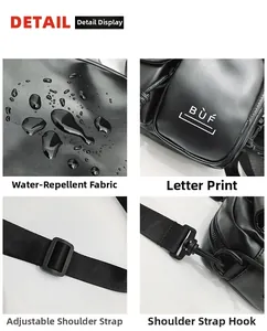Detail view of the black crossbody bag featuring water-resistant fabric with droplets