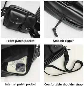 Detail view of black crossbody bag with snap pockets, smooth zippers and adjustable strap