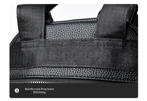 Close-up of precision reinforced stitching and lychee grain leather on a black backpack