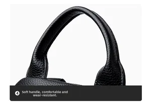 Close-up of durable black lychee grain leather handle on women's soft backpack