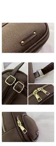 Détails du mini sac à dos rétro marron foncé avec bordure en cuir et boucles dorées