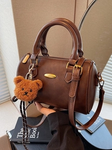 Vintage PU Leather Boston Bag For Women Fashion Cylinder Handbag With Bear Pendant Commute Crossbody Shoulder Bag Top Handle Satchel