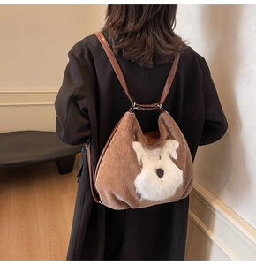 Détail d'un sac à dos en velours marron avec tête de chien en peluche 3D et sangles
