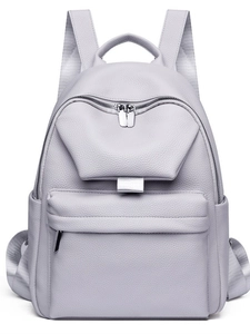 Minimalist light grey soft faux leather backpack with litchi texture and silver zipper