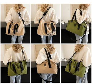 Macro detail showing canvas travel tote bag in khaki and green with durable nylon straps
