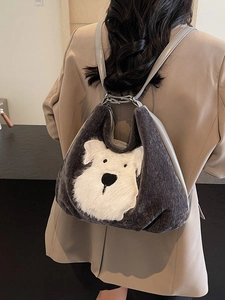 Sac fourre-tout en peluche grise avec broderie schnauzer 3D pour la mode automne-hiver