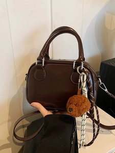 Women Retro Glossy PU Leather Small Square Crossbody Bag Fashion Boston Handbag With Plush Dog Charm Adjustable Strap