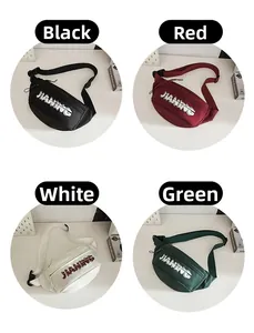 Detailed grid view of sporty chest bags in black, red, white, and green with adjustable straps