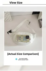 White nylon fanny pack showing size comparison and capacity for a smartphone