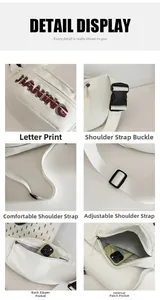 Detail view of white crossbody bag showing durable buckles, zippers and interior pockets