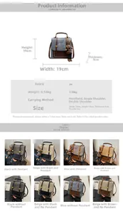 Detailed view of vintage PU leather backpack options with size and feature charts