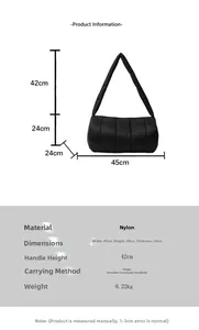 Size chart showing nylon quilted puffer bag dimensions: 45x24x24cm with 42cm handle height