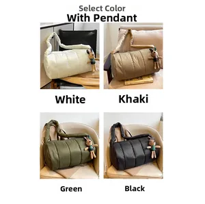 Quilted nylon puffer bags in four colors with rabbit pendant and spacious round design
