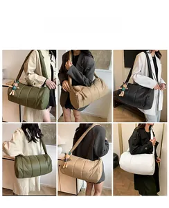 Quilted down crossbody bags in green, khaki, black, and white with bear charms