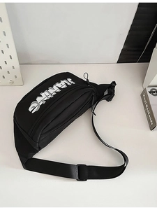 Black sporty crossbody chest bag with Manning letter print and adjustable nylon strap