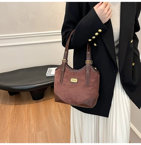 Details der Schultertasche aus Wildleder und Glattleder mit goldener Metallplakette