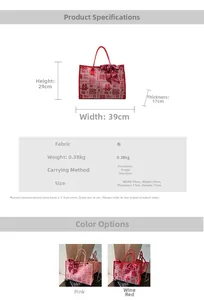 Detail of red wedding tote bag with Double Happiness print and ribbon bow accessory