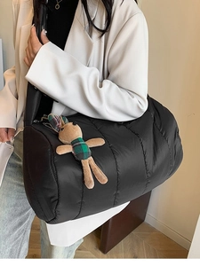 Women Large Capacity Quilted Puffer Bag Nylon Cylinder Crossbody Bag Korean Style Casual Shoulder Bag With Rabbit Pendant