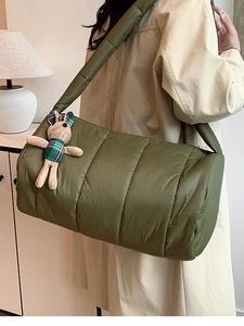 Olive green quilted down shoulder bag with cute rabbit pendant for winter style
