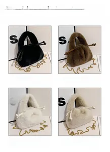 Macro detail of plush faux fur bucket bags in black, brown, white and khaki with chain straps