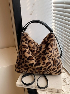 Sac à Épaule en Fausse Fourrure pour Femme Automne Hiver Imprimé Léopard Cœur Sac Cabas en Peluche Décontracté Grande Capacité