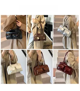 Collage de sacs d'épaule en cuir brillant en six couleurs avec poches frontales