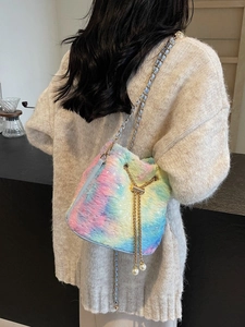 Rainbow faux fur bucket bag with pearl drawstring and golden chain strap for women