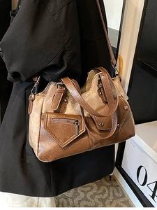 Damen Retro Spleißen Tote Bag Große Kapazität PU Leder Umhängetasche Mit Nieten Multi Taschen Funktionale Umhängetasche