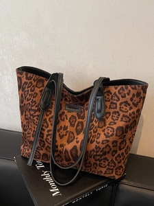 Women Leopard Print Tote Bag Large Capacity PU Leather Shoulder Bag Retro Casual Korean Style Handbag For Daily Shopping