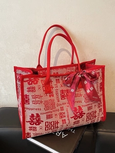 Large red and white tote bag with Double Happiness print and decorative ribbon bow