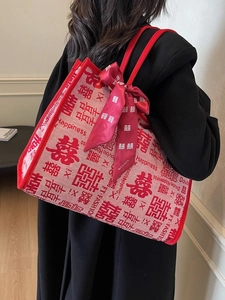 Red bridal tote bag with Xi character pattern and silk scarf for wedding happiness