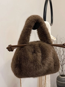 Women Faux Fur Bucket Bag Plush Chain Crossbody Bag Soft Drawstring Handbag Autumn Winter Fashion Solid Color Small Tote