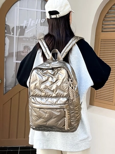 Damen Mode Puffer Rucksack Metallic Gesteppt Nylon Reisetasche Große Kapazität Studenten Schultasche Lässiger Tagesrucksack Verschleißfest