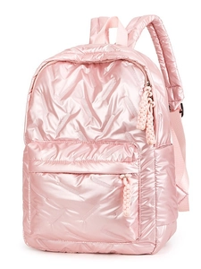 Rosafarbener gesteppter Puffer-Rucksack mit Metall-Finish und geflochtenem Reißverschluss