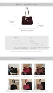 Detailed technical chart showing dimensions and PU material specs for the tote bag
