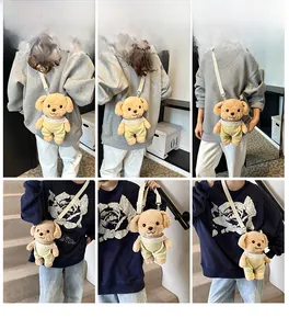 Detail view of cartoon poodle plush crossbody bag with lace collar and yellow overalls