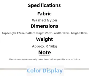 Size specifications and material details for the lightweight nylon tote bag