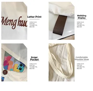 Detail view of large tote bag featuring reinforced webbing, inner pocket and logo print