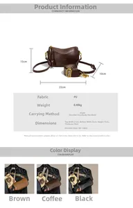Detailed size chart for retro PU leather handbag showing dimensions and adjustable strap