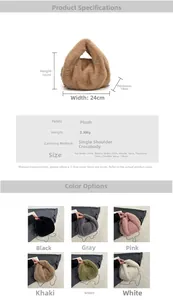 Tableau des dimensions pour sacs en peluche montrant les tailles et six coloris divers