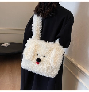 Detailed view of the white fluffy puppy-shaped plush tote bag with long furry texture