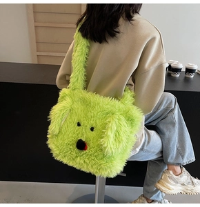 Detail of neon green plush tote bag with cartoon dog face and fluffy texture