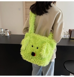 Detail of soft neon green faux fur crossbody bag with cute animal face and fluffy texture
