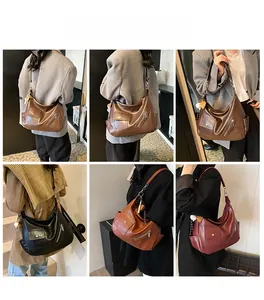 Collage de quatre sacs hobo vintage en marron noir caramel et bordeaux portés par un mannequin